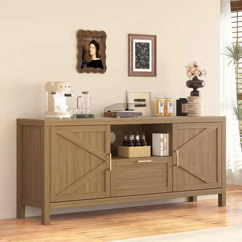 TV Stand for TVs Up to 65, Farmhouse Entertainment Center with 2 Doors, 1 Drawer & Open Shelf, Large Media Console Cabinet for Living Room