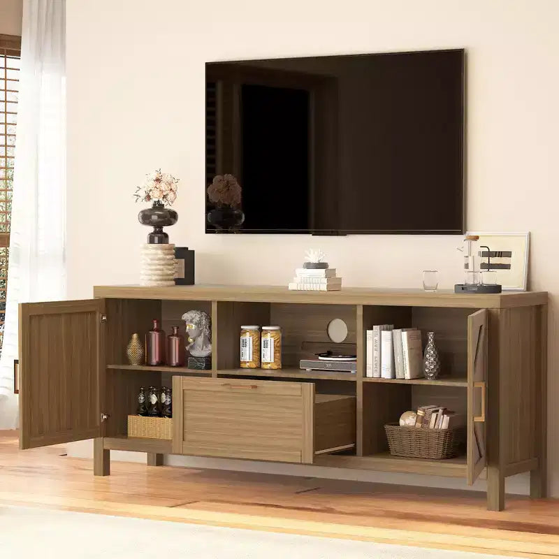 TV Stand for TVs Up to 65, Farmhouse Entertainment Center with 2 Doors, 1 Drawer & Open Shelf, Large Media Console Cabinet for Living Room