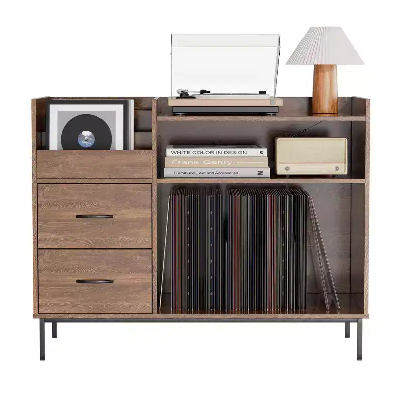 GDFStudio Blackwell Mid-Century Modern Wood Record Stand with Turntable Shelf and Drawers