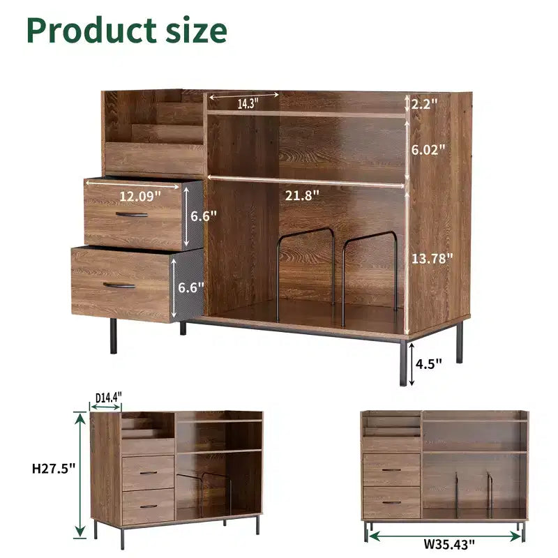 GDFStudio Blackwell Mid-Century Modern Wood Record Stand with Turntable Shelf and Drawers