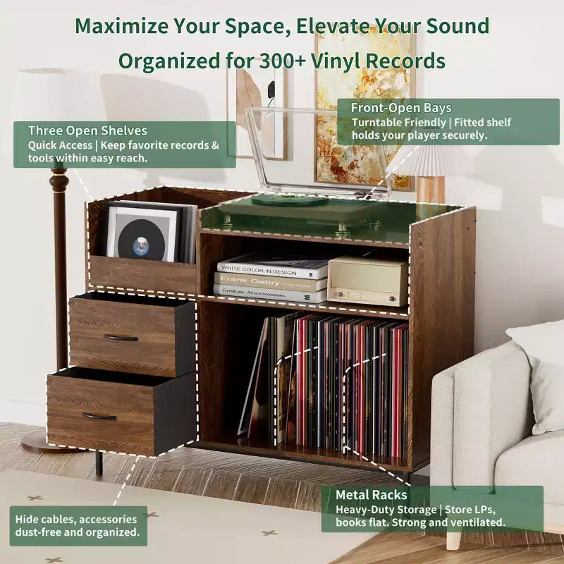 GDFStudio Blackwell Mid-Century Modern Wood Record Stand with Turntable Shelf and Drawers