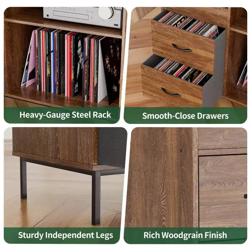 GDFStudio Blackwell Mid-Century Modern Wood Record Stand with Turntable Shelf and Drawers
