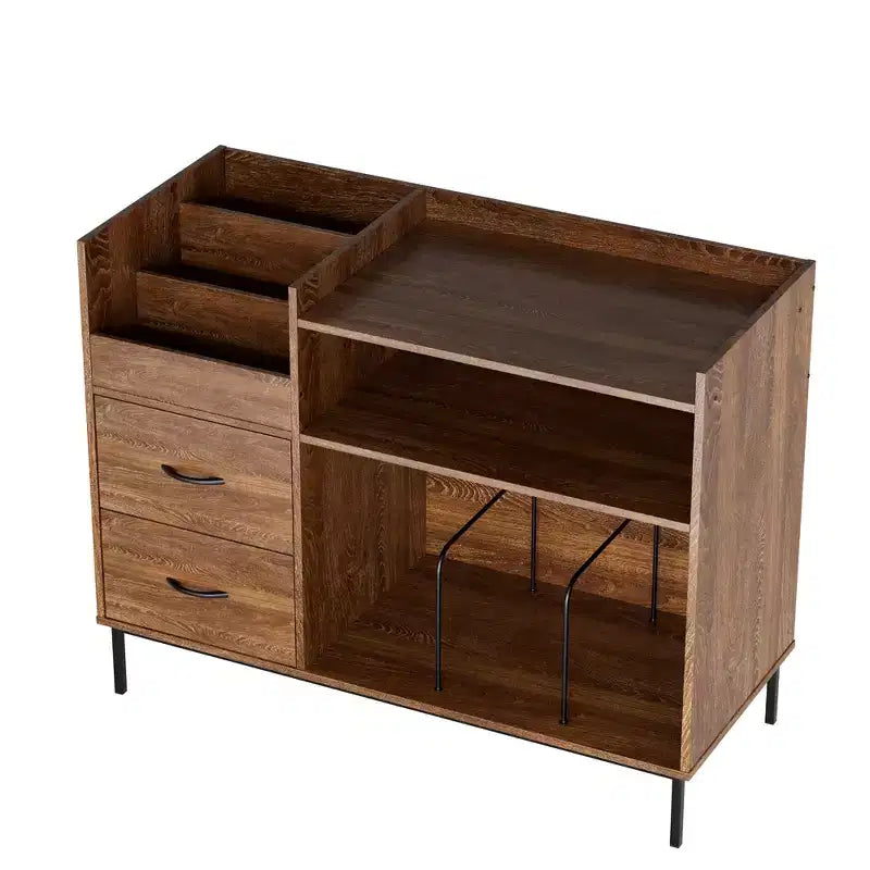 GDFStudio Blackwell Mid-Century Modern Wood Record Stand with Turntable Shelf and Drawers