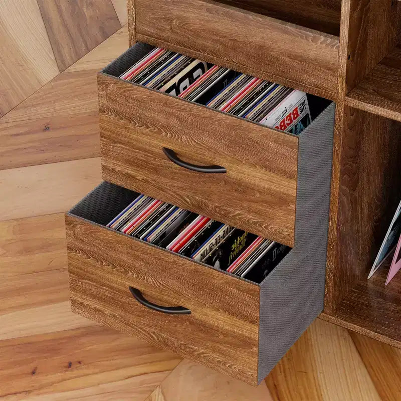GDFStudio Blackwell Mid-Century Modern Wood Record Stand with Turntable Shelf and Drawers