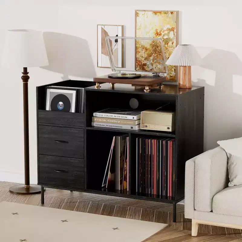 GDFStudio Blackwell Mid-Century Modern Wood Record Stand with Turntable Shelf and Drawers