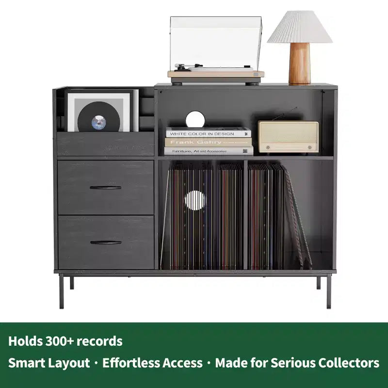 GDFStudio Blackwell Mid-Century Modern Wood Record Stand with Turntable Shelf and Drawers