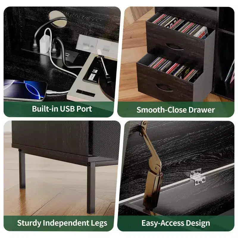GDFStudio Blackwell Mid-Century Modern Wood Record Stand with Turntable Shelf and Drawers