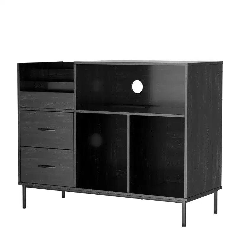GDFStudio Blackwell Mid-Century Modern Wood Record Stand with Turntable Shelf and Drawers