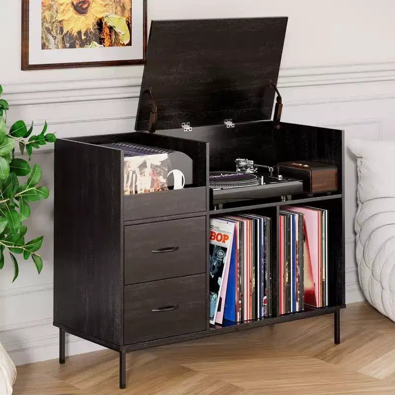 GDFStudio Blackwell Mid-Century Modern Wood Record Stand with Turntable Shelf and Drawers