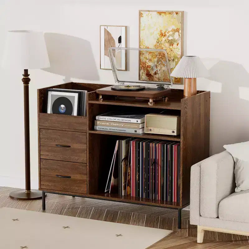 GDFStudio Blackwell Mid-Century Modern Wood Record Stand with Turntable Shelf and Drawers