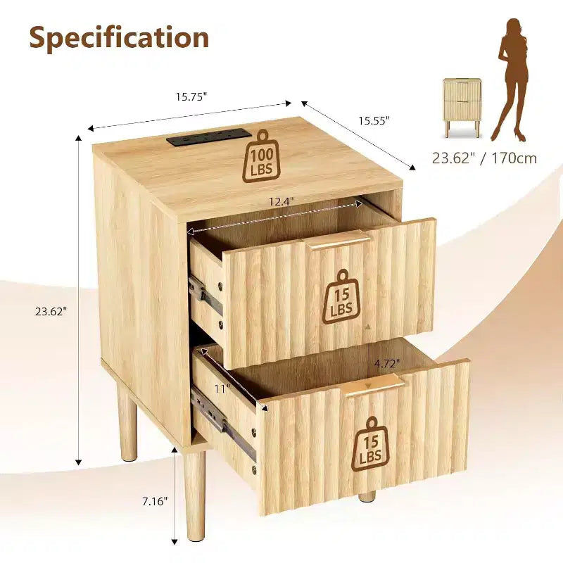 VINGLI Nightstand with Charging Station, Wood Fluted Nightstand with Drawers for Bedroom, Fluted Bedside Table/End Table