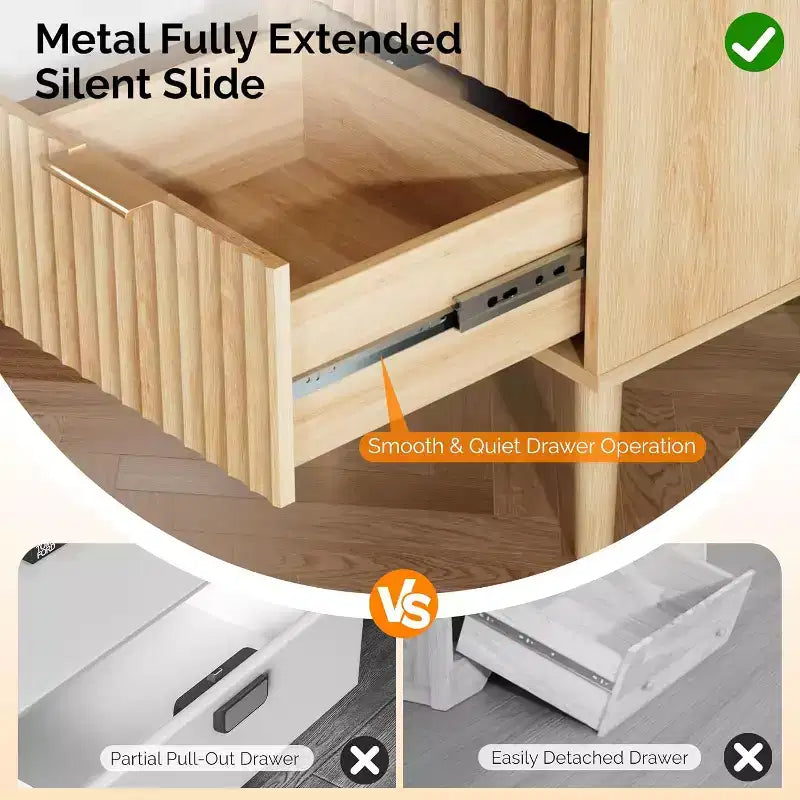 VINGLI Nightstand with Charging Station, Wood Fluted Nightstand with Drawers for Bedroom, Fluted Bedside Table/End Table