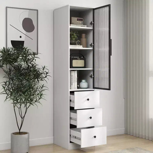 71in Tall Bookcase with Glass Door, Narrow Storage Cabinet with 3 Drawers and 4 Storage Shelves, Modern Glass Display Cabinet