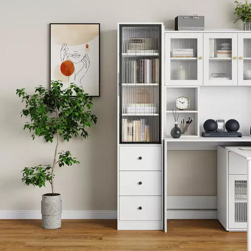 71in Tall Bookcase with Glass Door, Narrow Storage Cabinet with 3 Drawers and 4 Storage Shelves, Modern Glass Display Cabinet