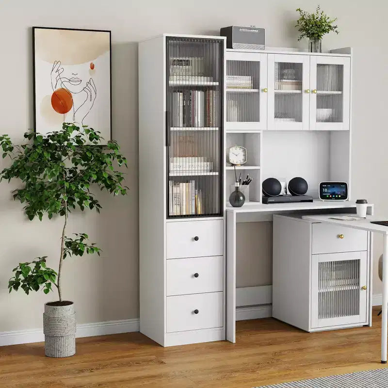 71in Tall Bookcase with Glass Door, Narrow Storage Cabinet with 3 Drawers and 4 Storage Shelves, Modern Glass Display Cabinet