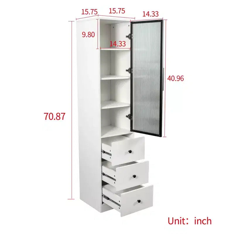 71in Tall Bookcase with Glass Door, Narrow Storage Cabinet with 3 Drawers and 4 Storage Shelves, Modern Glass Display Cabinet