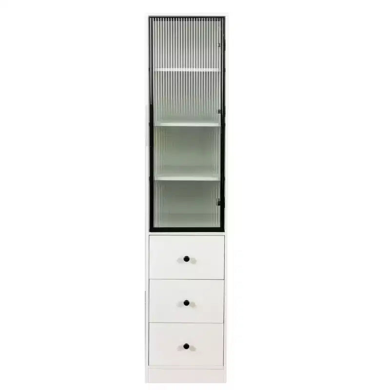 71in Tall Bookcase with Glass Door, Narrow Storage Cabinet with 3 Drawers and 4 Storage Shelves, Modern Glass Display Cabinet