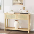 Boho console table in wood and rattan, 2 drawers, open shelf, slim design. Space-saving, perfect for living room, hallway or foyer,Natural wood