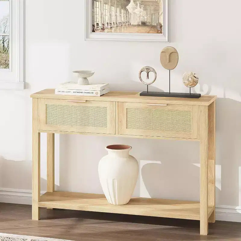 Boho console table in wood and rattan, 2 drawers, open shelf, slim design. Space-saving, perfect for living room, hallway or foyer,Natural wood