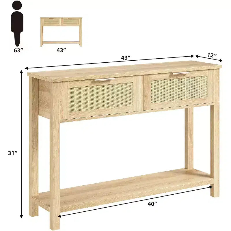 Boho console table in wood and rattan, 2 drawers, open shelf, slim design. Space-saving, perfect for living room, hallway or foyer,Natural wood