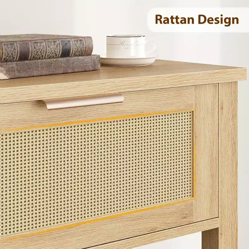 Boho console table in wood and rattan, 2 drawers, open shelf, slim design. Space-saving, perfect for living room, hallway or foyer,Natural wood