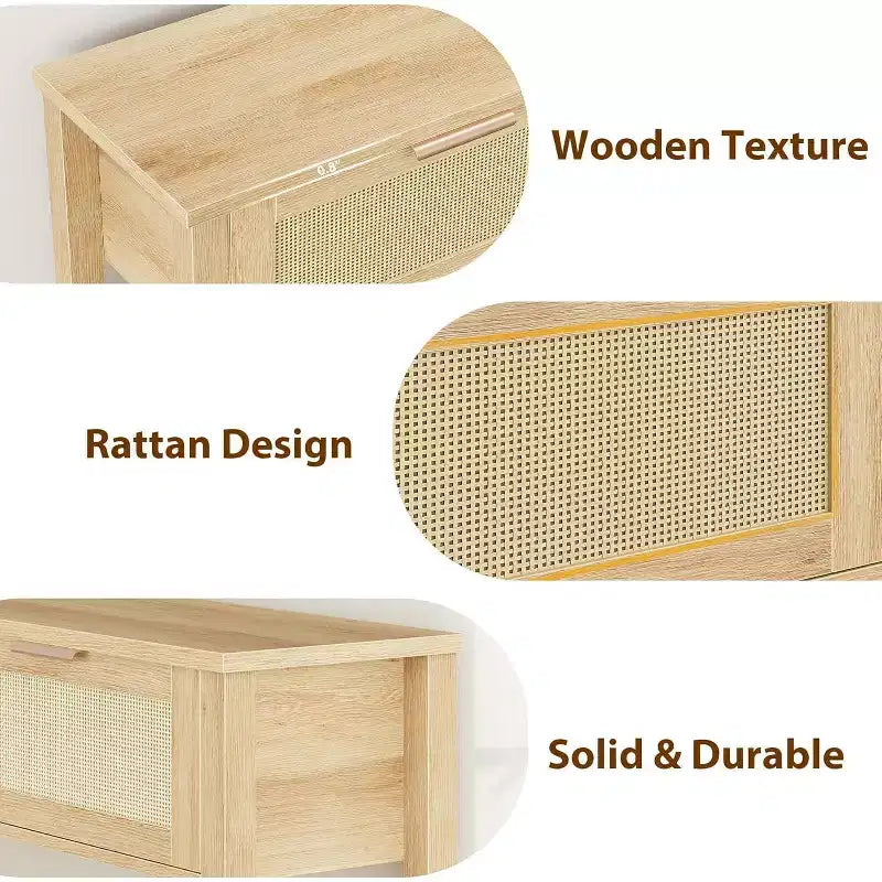 Boho console table in wood and rattan, 2 drawers, open shelf, slim design. Space-saving, perfect for living room, hallway or foyer,Natural wood
