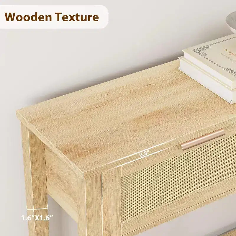 Boho console table in wood and rattan, 2 drawers, open shelf, slim design. Space-saving, perfect for living room, hallway or foyer,Natural wood