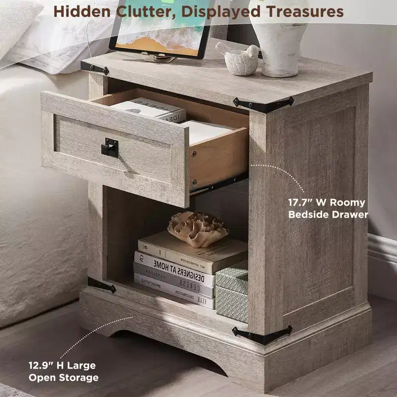 24 Nightstand Farmhouse with Charging Station 1 Drawer Open Cabinet Rustic Wood Bedside or Sofa Table