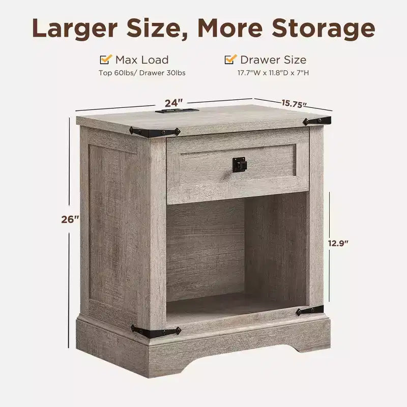 24 Nightstand Farmhouse with Charging Station 1 Drawer Open Cabinet Rustic Wood Bedside or Sofa Table