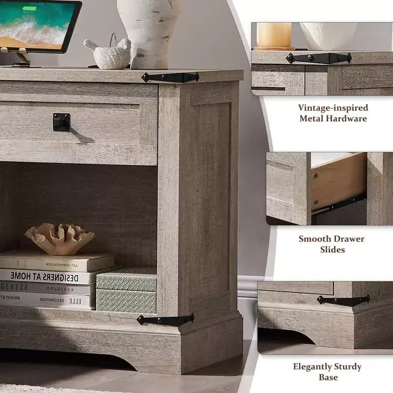 24 Nightstand Farmhouse with Charging Station 1 Drawer Open Cabinet Rustic Wood Bedside or Sofa Table