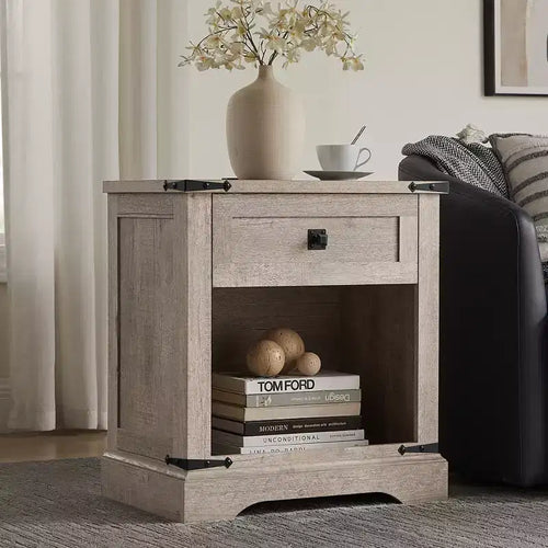 24 Nightstand Farmhouse with Charging Station 1 Drawer Open Cabinet Rustic Wood Bedside or Sofa Table