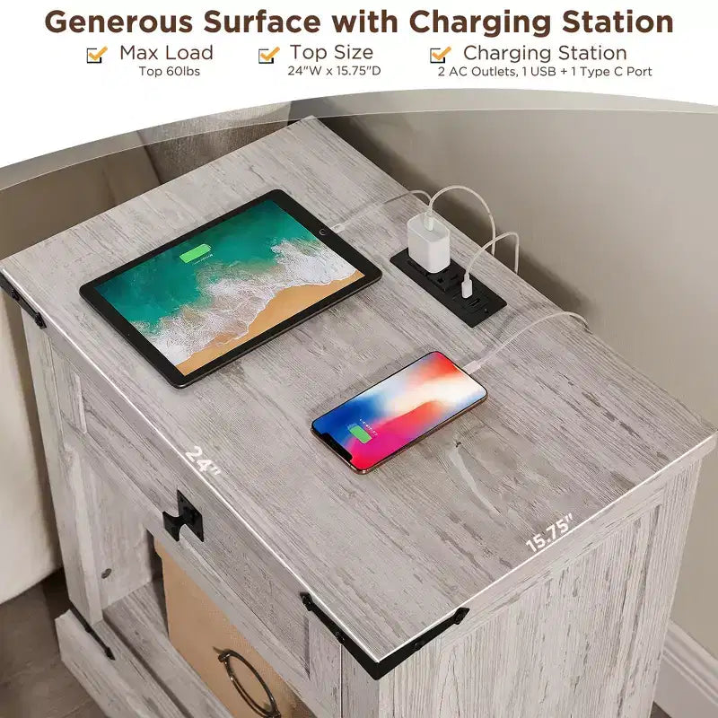 24 Nightstand Farmhouse with Charging Station 1 Drawer Open Cabinet Rustic Wood Bedside or Sofa Table