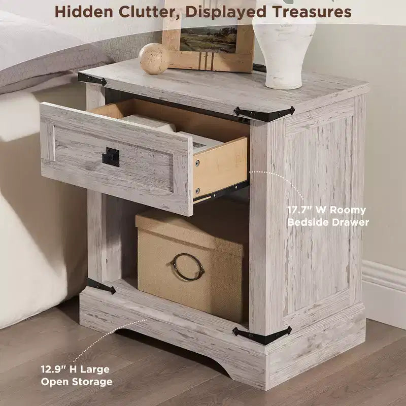 24 Nightstand Farmhouse with Charging Station 1 Drawer Open Cabinet Rustic Wood Bedside or Sofa Table