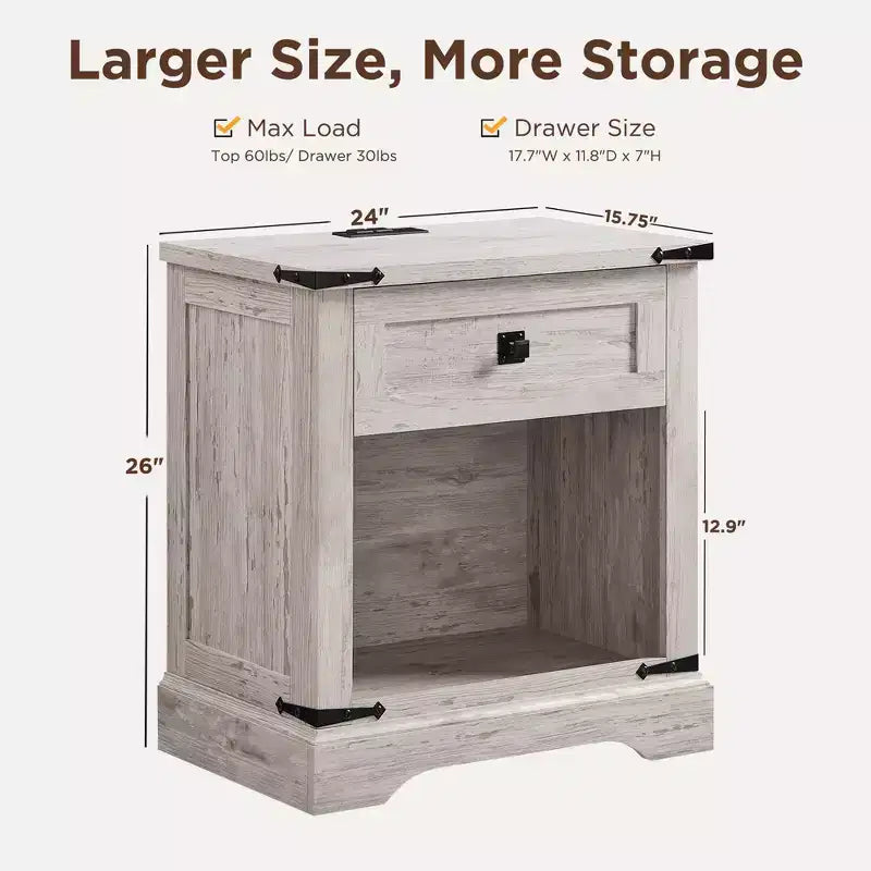 24 Nightstand Farmhouse with Charging Station 1 Drawer Open Cabinet Rustic Wood Bedside or Sofa Table