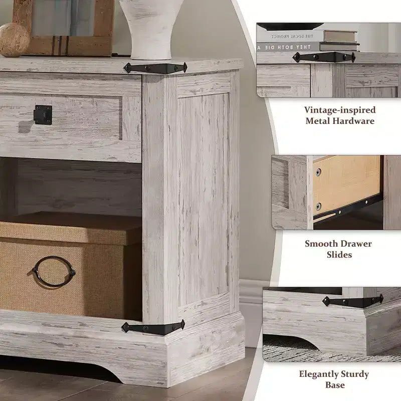 24 Nightstand Farmhouse with Charging Station 1 Drawer Open Cabinet Rustic Wood Bedside or Sofa Table