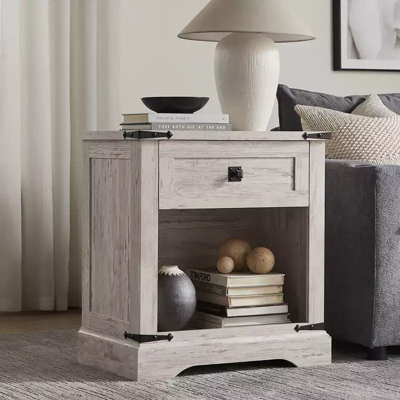 24 Nightstand Farmhouse with Charging Station 1 Drawer Open Cabinet Rustic Wood Bedside or Sofa Table