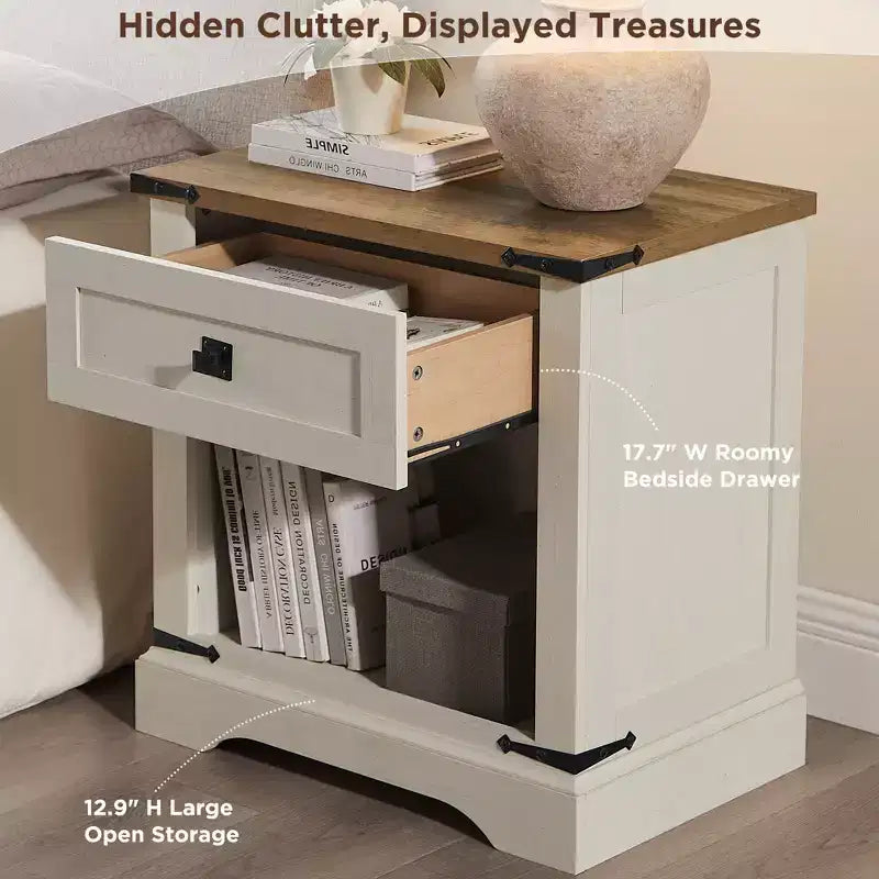 24 Nightstand Farmhouse with Charging Station 1 Drawer Open Cabinet Rustic Wood Bedside or Sofa Table