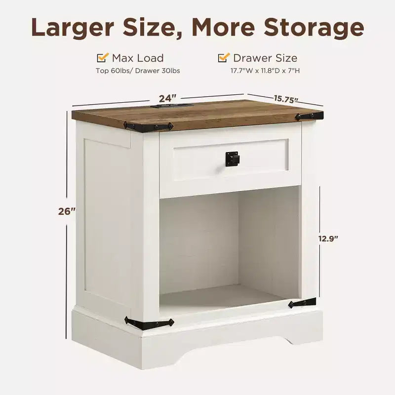 24 Nightstand Farmhouse with Charging Station 1 Drawer Open Cabinet Rustic Wood Bedside or Sofa Table