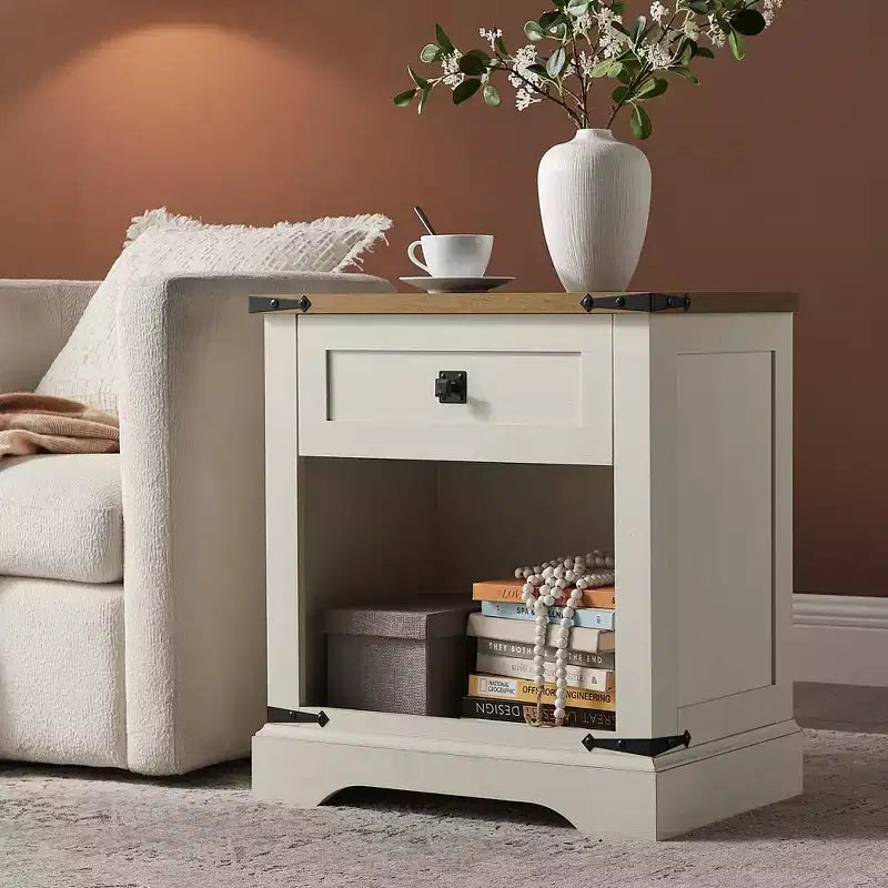 24 Nightstand Farmhouse with Charging Station 1 Drawer Open Cabinet Rustic Wood Bedside or Sofa Table
