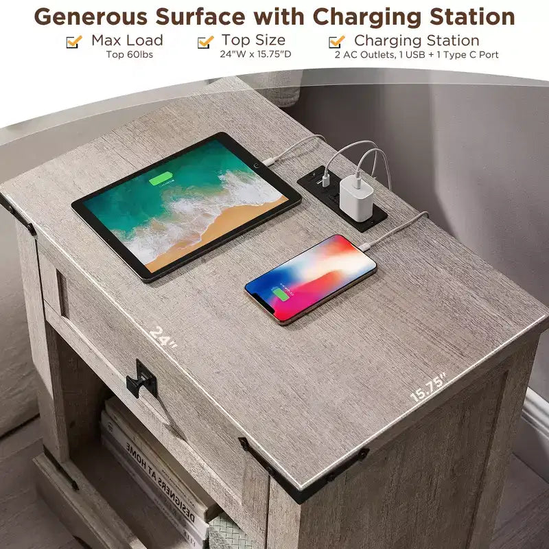 24 Nightstand Farmhouse with Charging Station 1 Drawer Open Cabinet Rustic Wood Bedside or Sofa Table