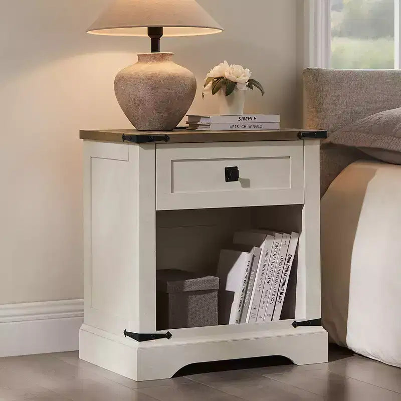 24 Nightstand Farmhouse with Charging Station 1 Drawer Open Cabinet Rustic Wood Bedside or Sofa Table