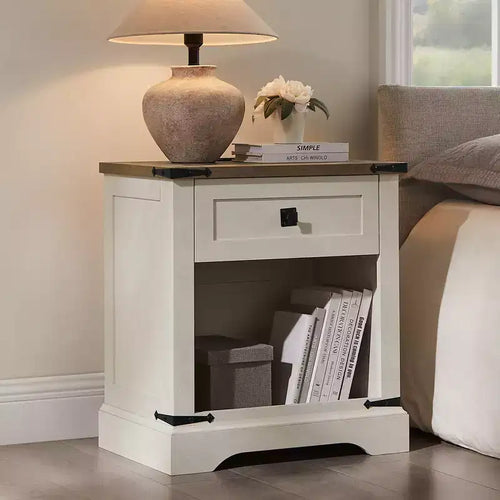 24 Nightstand Farmhouse with Charging Station 1 Drawer Open Cabinet Rustic Wood Bedside or Sofa Table