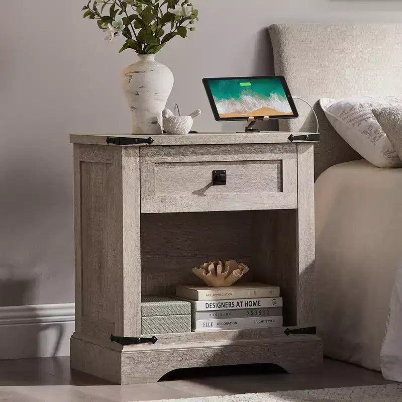 24 Nightstand Farmhouse with Charging Station 1 Drawer Open Cabinet Rustic Wood Bedside or Sofa Table