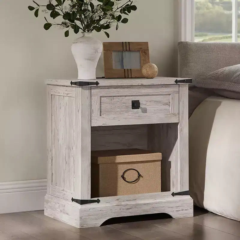 24 Nightstand Farmhouse with Charging Station 1 Drawer Open Cabinet Rustic Wood Bedside or Sofa Table