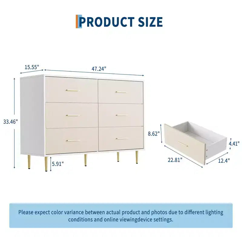 White 6 Drawer Dresser for Bedroom with Gold Handles, Modern Chest of Drawers, Wooden Dressers Organizer for TV Stand,Living Room, Hallway, Entryway