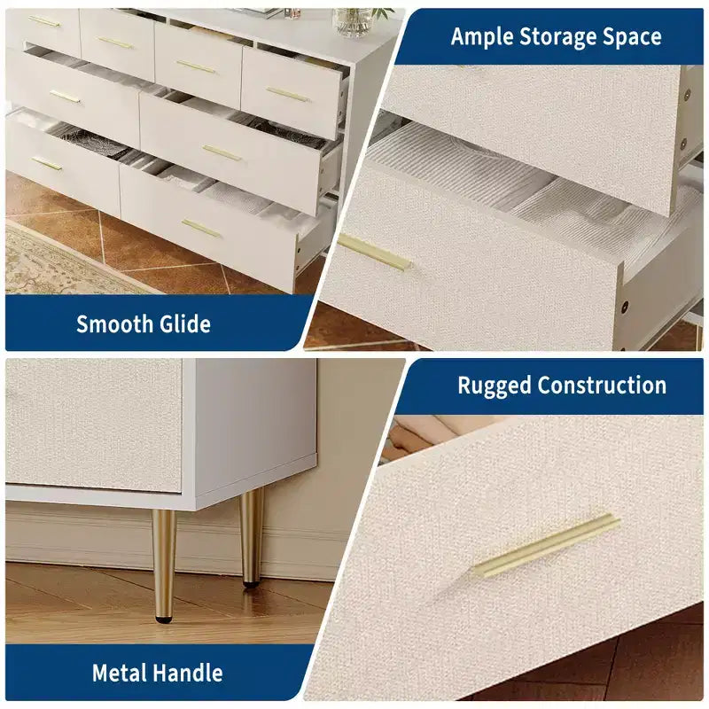White 6 Drawer Dresser for Bedroom with Gold Handles, Modern Chest of Drawers, Wooden Dressers Organizer for TV Stand,Living Room, Hallway, Entryway
