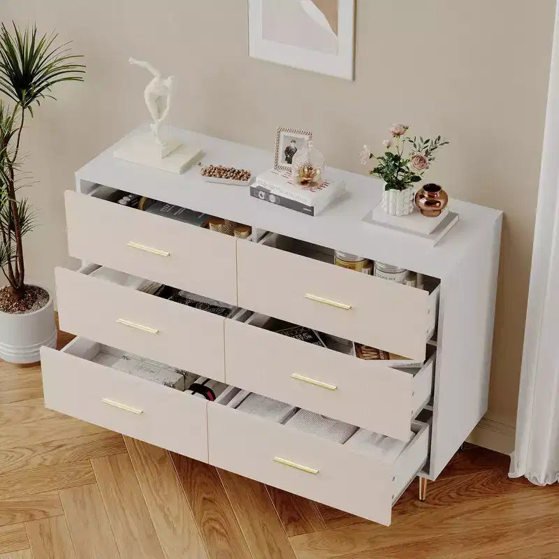 White 6 Drawer Dresser for Bedroom with Gold Handles, Modern Chest of Drawers, Wooden Dressers Organizer for TV Stand,Living Room, Hallway, Entryway