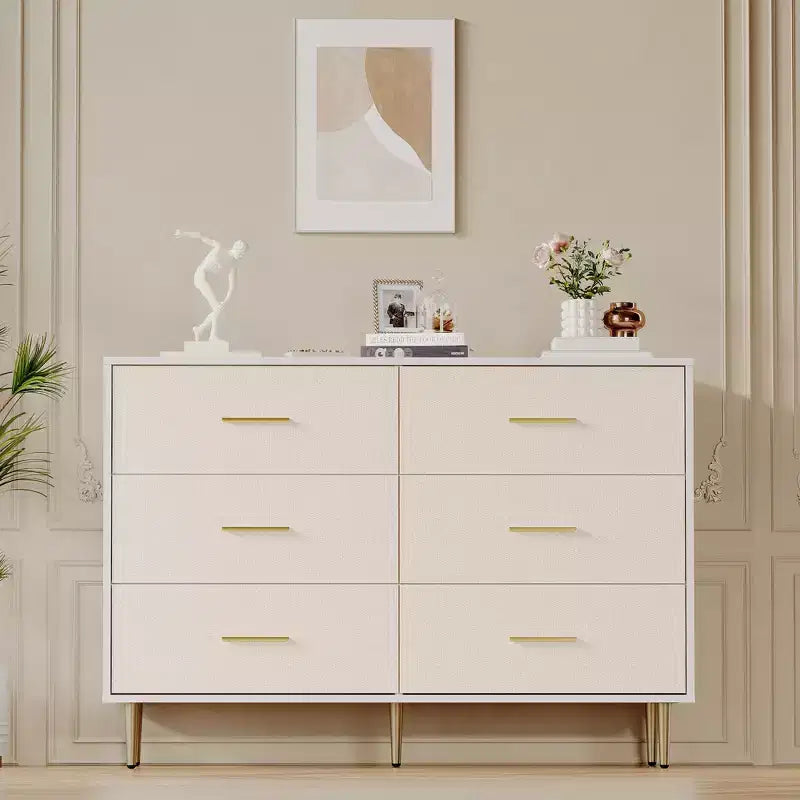 White 6 Drawer Dresser for Bedroom with Gold Handles, Modern Chest of Drawers, Wooden Dressers Organizer for TV Stand,Living Room, Hallway, Entryway