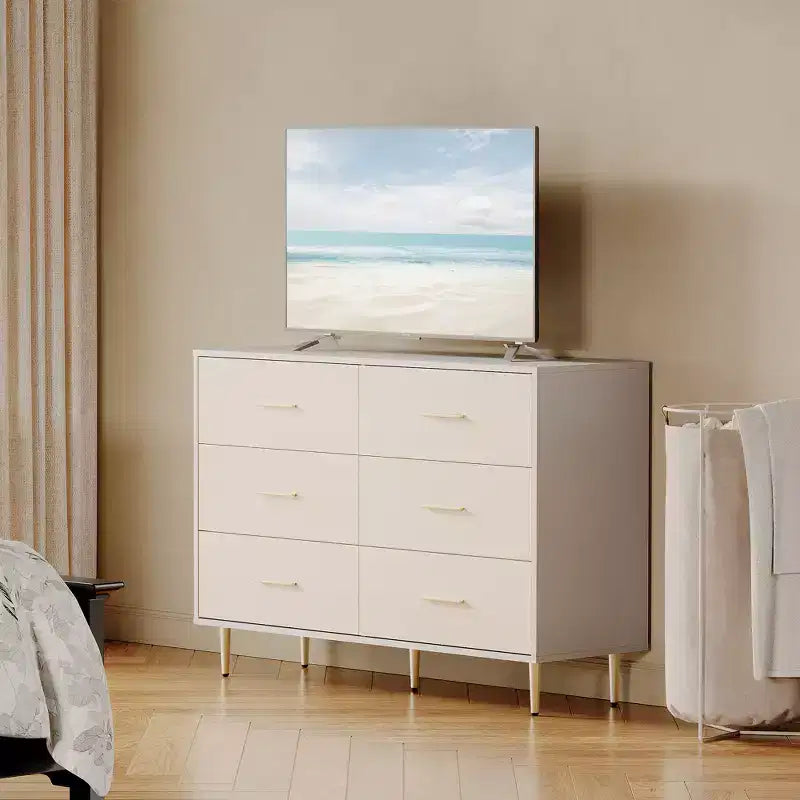 White 6 Drawer Dresser for Bedroom with Gold Handles, Modern Chest of Drawers, Wooden Dressers Organizer for TV Stand,Living Room, Hallway, Entryway