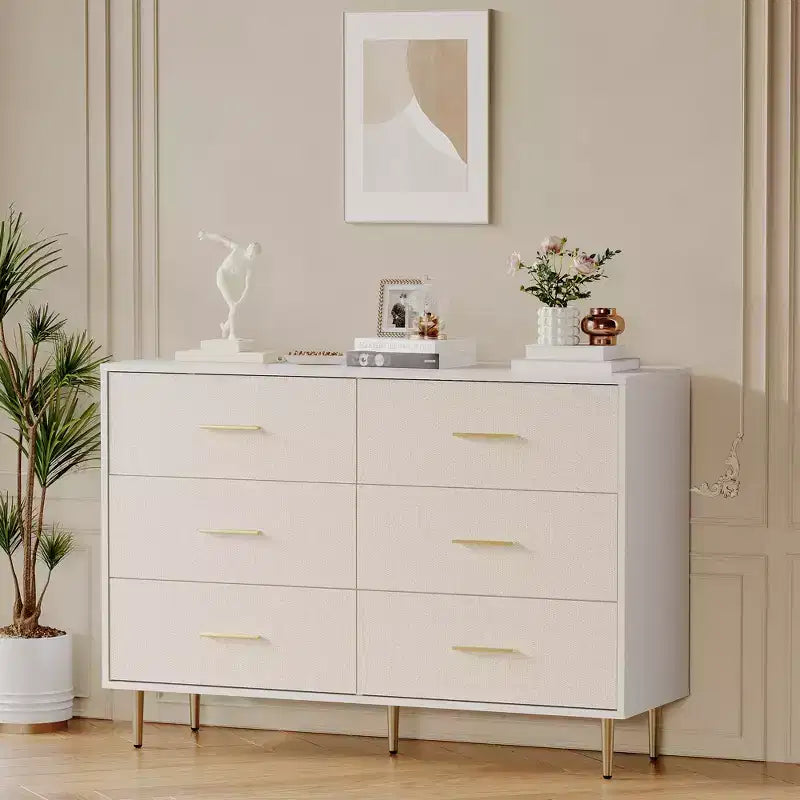 White 6 Drawer Dresser for Bedroom with Gold Handles, Modern Chest of Drawers, Wooden Dressers Organizer for TV Stand,Living Room, Hallway, Entryway